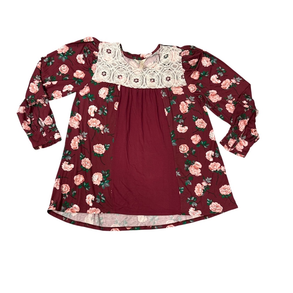 Matilda Jane Floral Lace Tunic Women L Burgundy Pink Ruffle Sweet Rosebud